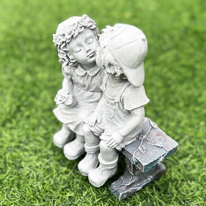 Elenon Garden First Kiss Outdoor Statue Decorative, Flower Bed Decor Boy and Girl Garden Statues, Couple Puppy Love Garden Sculpture for Yard Patio Art Decoration-VerdiqueGarden
