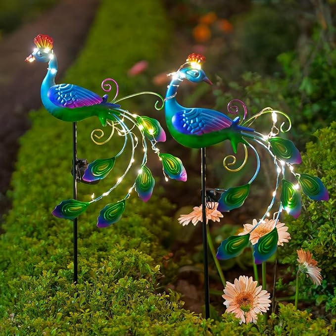 DREAMSOUL 2 Pack Peacock Solar Lights Outdoor Waterproof, Metal Outdoor Solar Lights for Yard Garden Peacock Decor-VerdiqueGarden