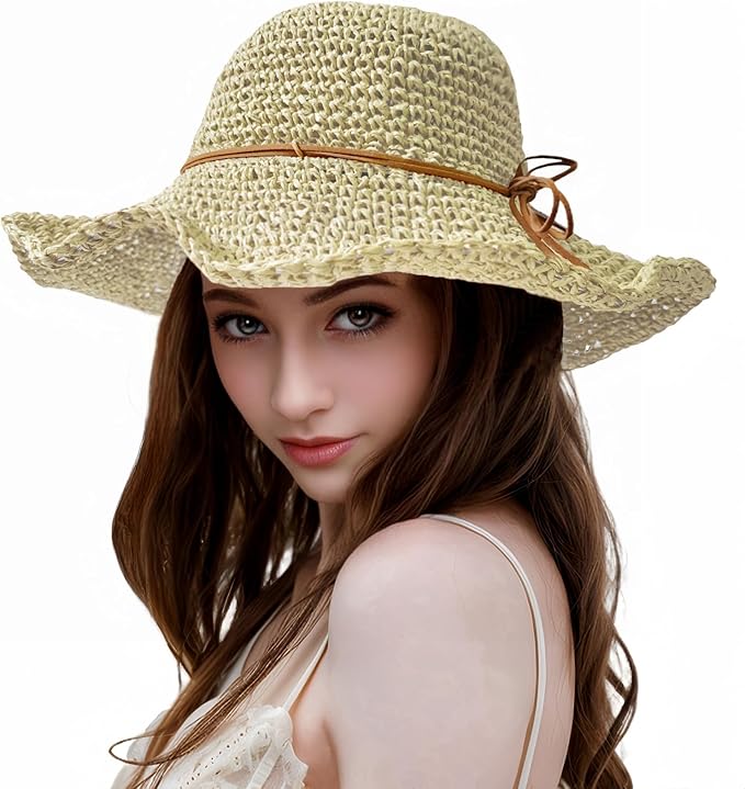 Womens Straw Beach Sun Hats, Foldable Packable Floppy Handmade Crochet Hats for Women,Large Summer Vacation Wide Brim Hat-VerdiqueGarden