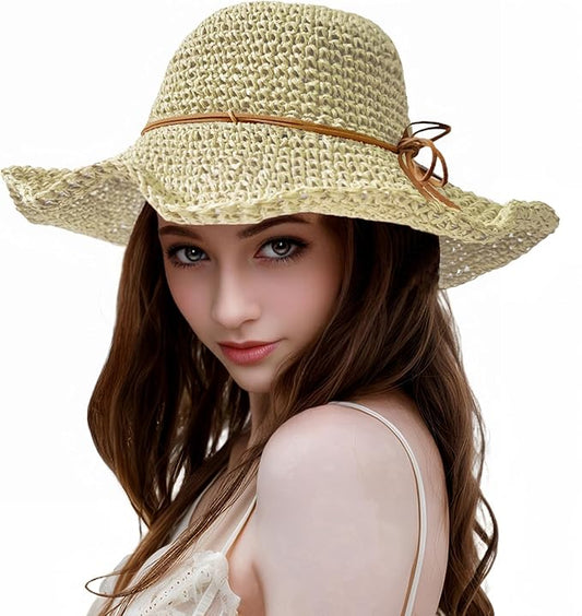 Womens Straw Beach Sun Hats, Foldable Packable Floppy Handmade Crochet Hats for Women,Large Summer Vacation Wide Brim Hat-VerdiqueGarden