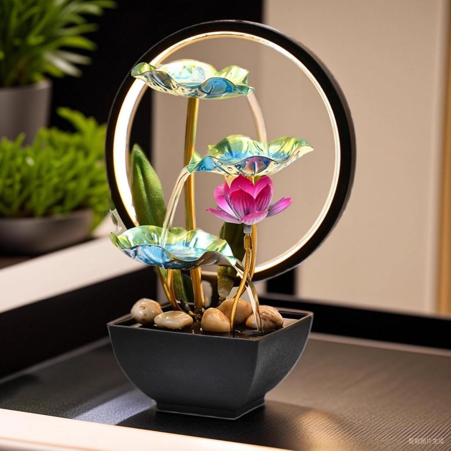 Indoor Tabletop Tiered Water Fountain 3 Level Tabletop Waterfall Meditation Fountain Includes Many Natural River Rocks LED Lights Relaxing Small Water Feature for Desk or Home Decor-VerdiqueGarden