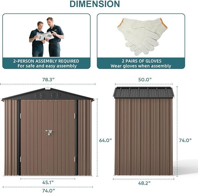 Gizoon Outdoor Storage Shed 6 x 4 FT, Galvanized Metal Garden Shed with Double Lockable Doors, Outdoor Storage Clearance for Backyard Patio Lawn-Light Brown-VerdiqueGarden