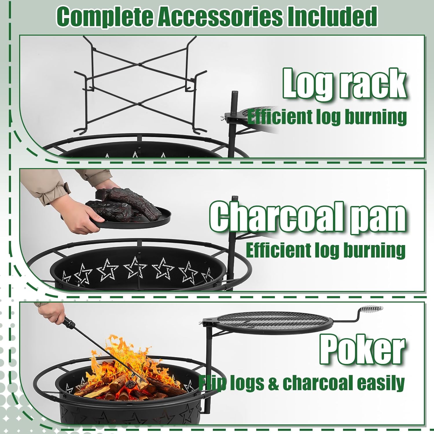 31" 2-in-1 Wood Burning Fire Pit with Swivel BBQ Grills & Spark Screen for Outside - Heavy Duty Outdoor Firepit with Charcoal Pan, Log Rack & Poker - for Backyard, Patio, Garden Bonfire-VerdiqueGarden