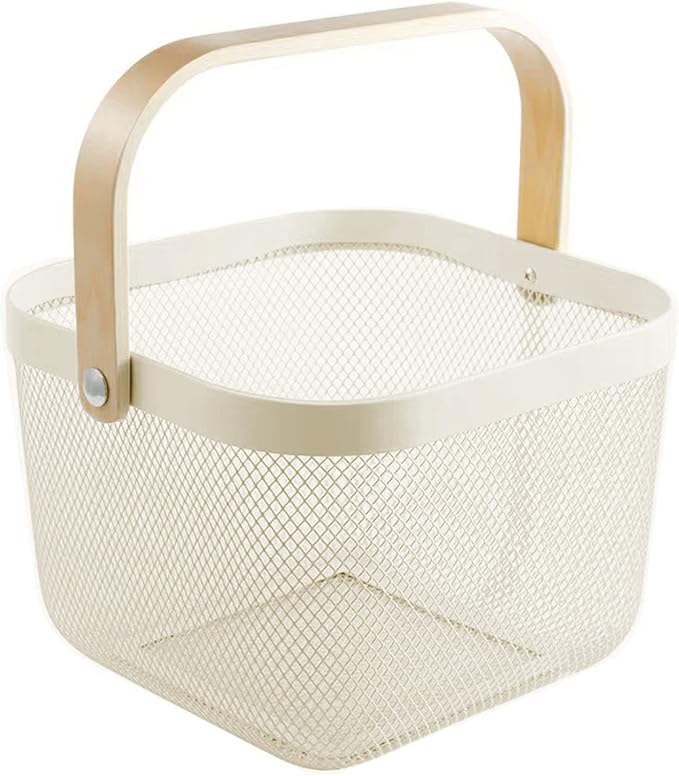 Metal Mesh Steel Basket, Storage Organizer Basket Multi-functional Hanging Kitchen Baskets Fruit Basket Bin with Bamboo Handle for Kitchen Bathroom Picnic Shopping Decor Cabinet Home, Beige-VerdiqueGarden