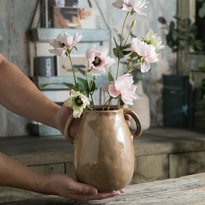 Brown Ceramic Vase with 2 Handles, Modern Farmhouse Decor, Rustic Terracotta Pottery, Decorative Flower Vases, Clay Small Vase, Centerpiece for Dining Table - 7 Inch Tall-VerdiqueGarden