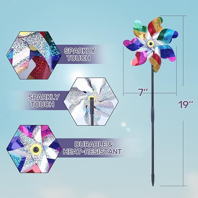 BATTIFE 10 Pack Sparkly Rainbow Pinwheels, Reflective Wind Spinner for Yard and Garden with Stakes, Decor Windmill to Scare Birds Away for Lawn and Patio-VerdiqueGarden