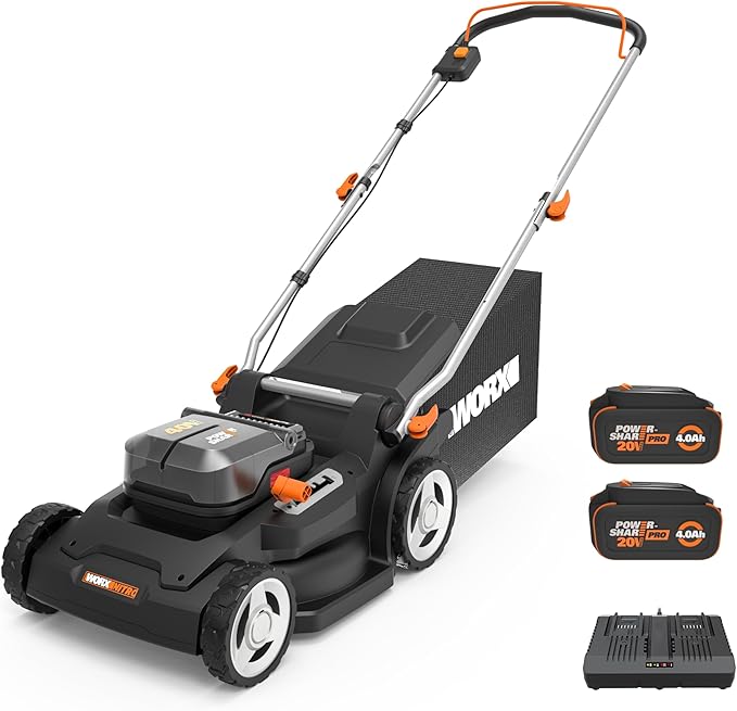 WORX 40V 17'' Cordless Lawn Mower for Medium Size Yards, 2-in-1 Electric Mower Cuts to Edge, Compact & Lightweight Push Lawn Mower with 6-Position Height Adjustment – 2 Batteries & Charger Included-VerdiqueGarden