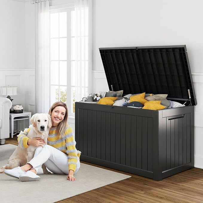 230 Gallon Resin Deck Box, Lockable Patio Outdoor Storage Box for Furniture, Garden Tools and Tools Storage, Waterproof Outside Storage Boxes - Black-VerdiqueGarden