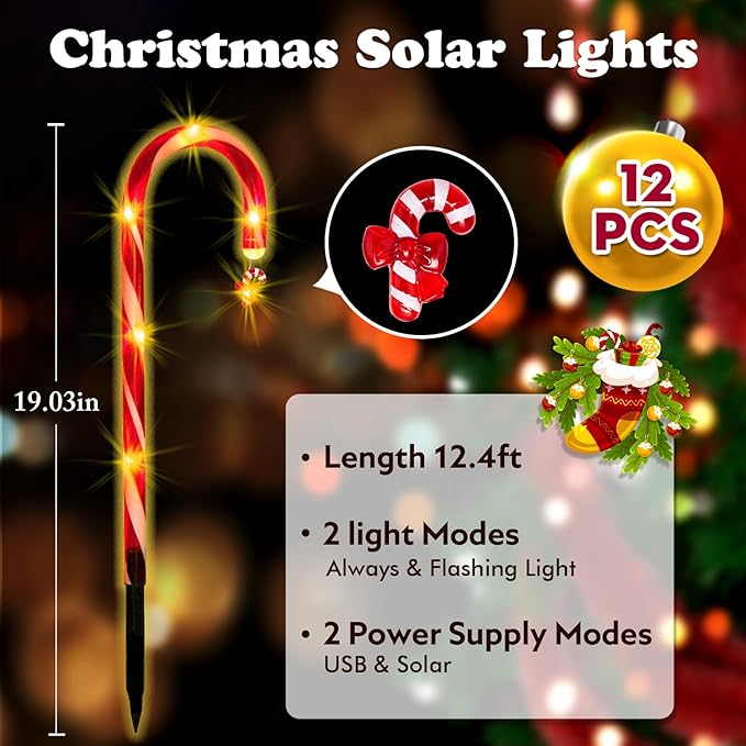 12 Pack Christmas Candy Cane Lights Outdoor Solar Pathway Lights Christmas Decorations Waterproof Driveway Walkway Markers Yard Garden Home Xmas Decor, 2-in-1 Rechargeable Solar Power-VerdiqueGarden
