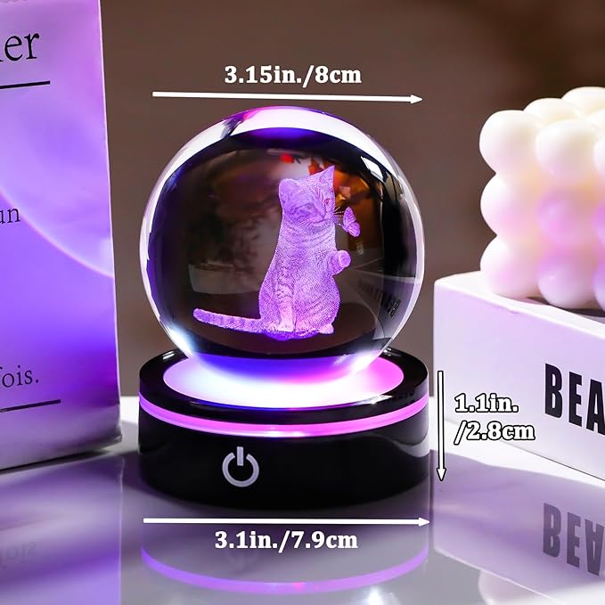 YWHL 3D Crystal Ball Cat Gifts for Women Cat Lover for Christmas Birthday, Laser Cat and Butterfly Figurine with LED Base, Cat Ornament Glass Decorative Ball Globe Night Light for Home Decor (80mm)-VerdiqueGarden