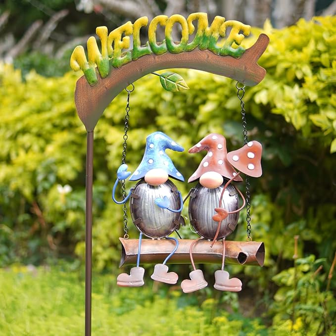 HONGLAND Solar Lights Outdoor Decor, Gnomes Swing Garden Decor, Funny Gifts for Women Mom, Gnomes Outdoor Decorations with Welcome Sign for Front Porch Patio-VerdiqueGarden