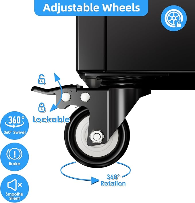 72''H Metal Broom Closet Storage Cabinet with Wheels & Pegboards, Mops Broom Closet Organizer with Locking Door & Hanging Rod,Cleaning Tool Garage Cabinet,Assembly Required,Black White-VerdiqueGarden