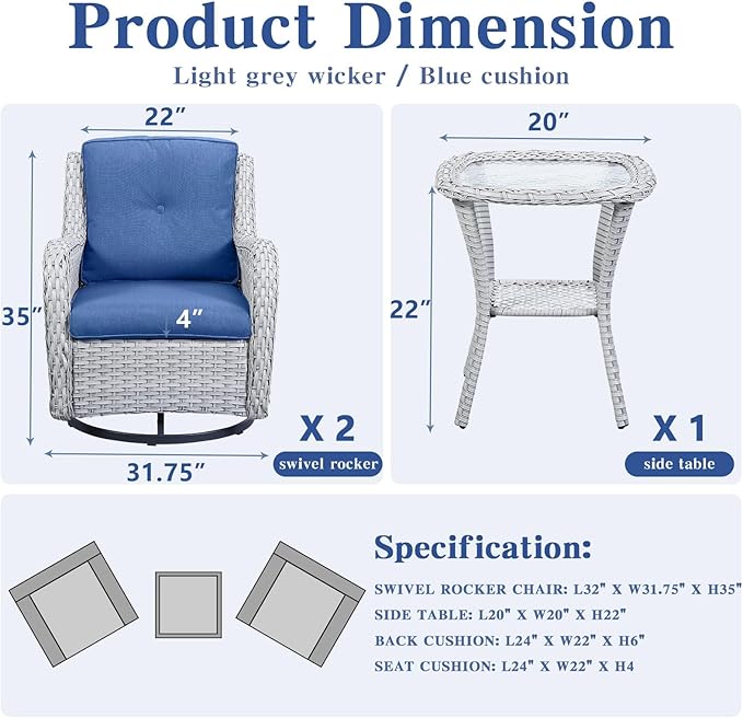 Outdoor Swivel Rocker Patio Chairs Set of 3,High Back Swivel Patio Chairs Wicker Furniture Set,2 PCS Rattan Swivel Rocking Chair with Side Table,Light Grey Wicker (A089-2)-VerdiqueGarden