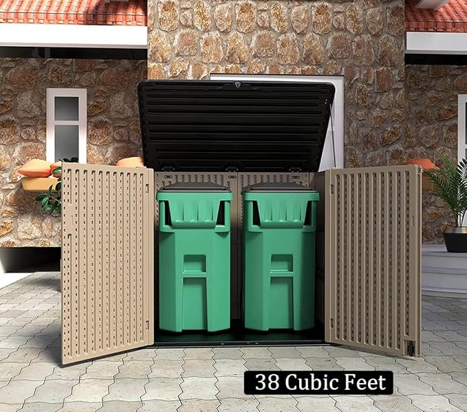 HOMSPARK Storage Shed Weather Resistance, Multi-Purpose Outdoor Storage Cabinet for Backyards and Patios, Horizontal Storage Shed for Lawnmower, Patio Accessories (Coffee, X Large - 48 cu.ft)-VerdiqueGarden