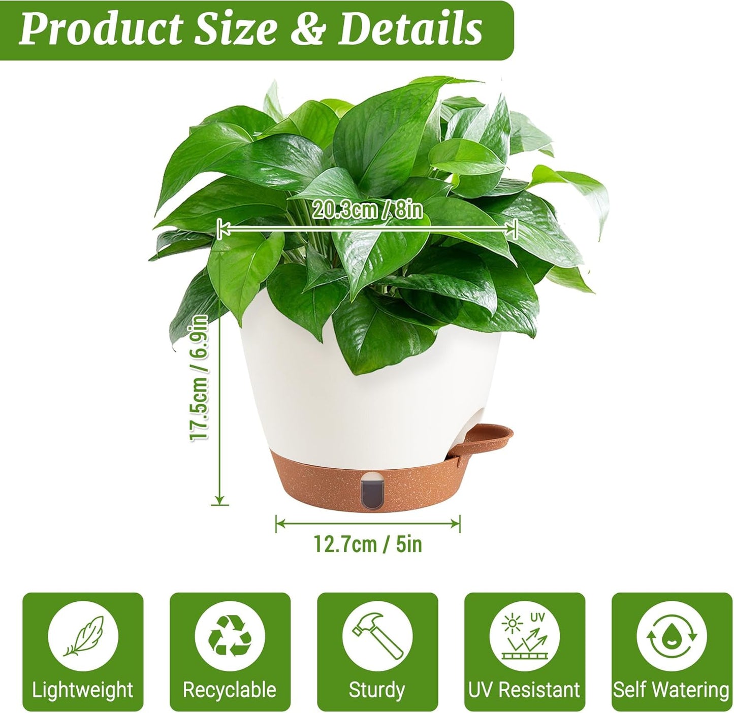 2 Pack 8 Inch Pots for Plants Indoor, Plastic Self Watering Planters with Drainage Holes, Water Level Indicator & Deep Reservoir, Decorative Flower Pots Indoor Outdoor Use (White-VerdiqueGarden