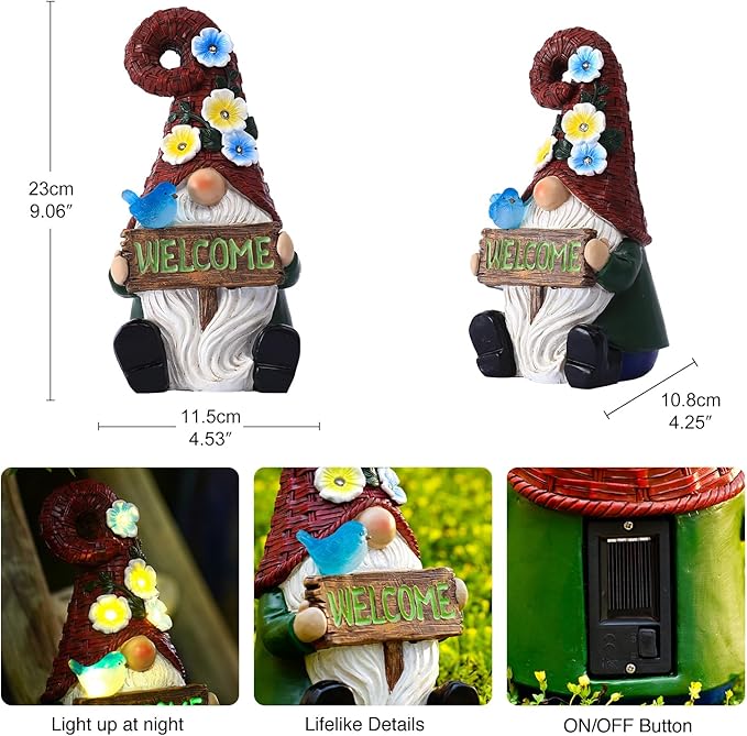 Goodeco Sitting Gnome with Welcome Sign - Garden Gnomes Outdoor with Solar Bird & LED Lights, Ideal Gifts for Mom or Women, Housewarming Gnome Decorations-VerdiqueGarden