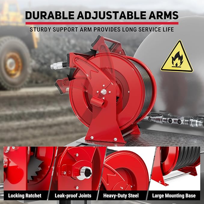 Fuel Hose Reel 1" x 50FT Extra Long Retractable Diesel Reel 300 PSI Auto Swivel Rewind Diesel Hose Reel with Fueling Nozzle Industrial Carbon Steel for Vehicle Tank Truck Trailer Ship, Red-VerdiqueGarden