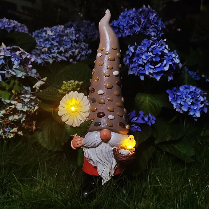 12 Inch Solar Garden Gnome Statue Clearance with Sunflower and Bird's Nest Light – Outdoor High Hat Gnome Sculpture Outdoor Statue for Patio and Garden Decor – Figurine Gift for Gnome Lovers-VerdiqueGarden