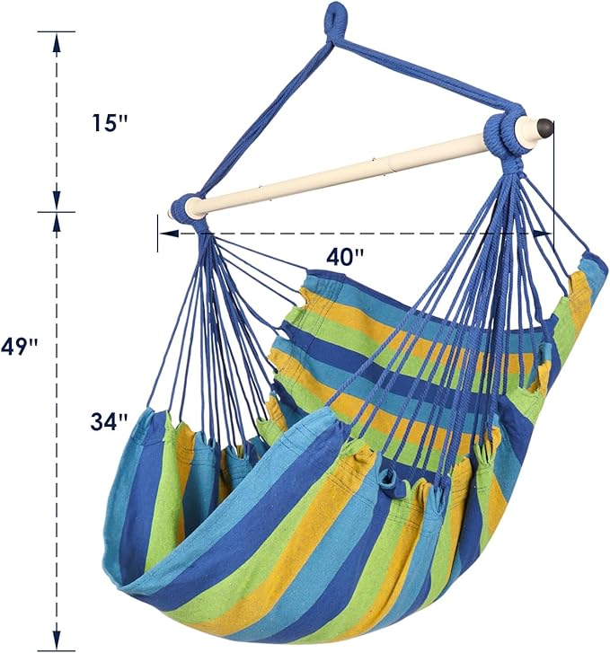 Highwild Hammock Chair Hanging Rope Swing - Max 500 Lbs - Steel Spreader Bar with Anti-Slip Rings - for Any Indoor or Outdoor Spaces (Blue Striped)-VerdiqueGarden