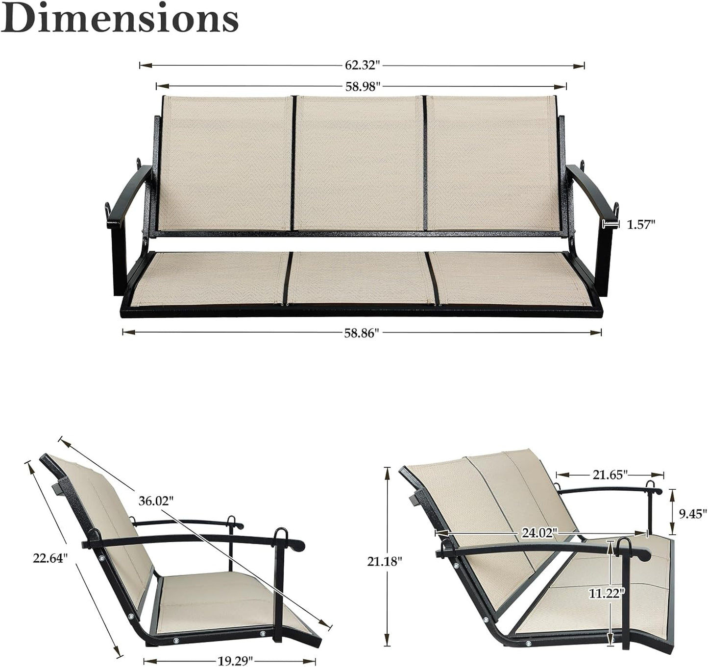 Textilene 3 Seat Hanging Swing, 5.2FT Patio Bench Swing, 660lbs Heavy Duty Outdoor Porch Swing with Hanging Chains for Courtyard, Garden, Tree, Yard-VerdiqueGarden