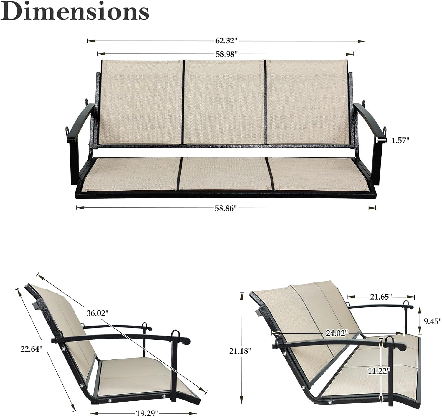Textilene 3 Seat Hanging Swing, 5.2FT Patio Bench Swing, 660lbs Heavy Duty Outdoor Porch Swing with Hanging Chains for Courtyard, Garden, Tree, Yard-VerdiqueGarden