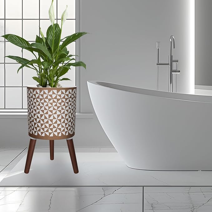 10 Inches Plant Pots with Wood Stand Large Modern Standing Planters for Indoor Mid Century Flower Pot with Drainage Holes Big White & Gold Planters for Living Room, Office, Garden or Balcony-VerdiqueGarden