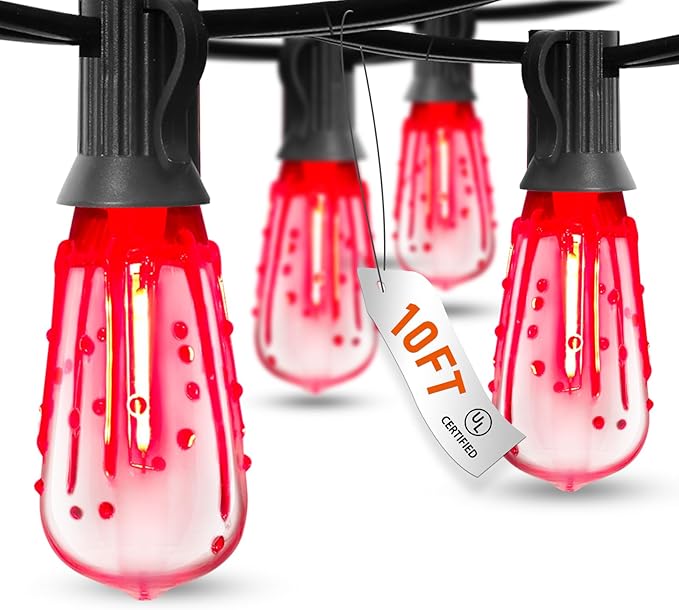 10Ft Halloween LED String Lights Outdoor with 10 ST40 Red Blood Drop Lights, UL Listed Connectable Halloween Patio Lights Set for Indoor Outdoor Backyard Garden Halloween Christmas Party Decor-VerdiqueGarden