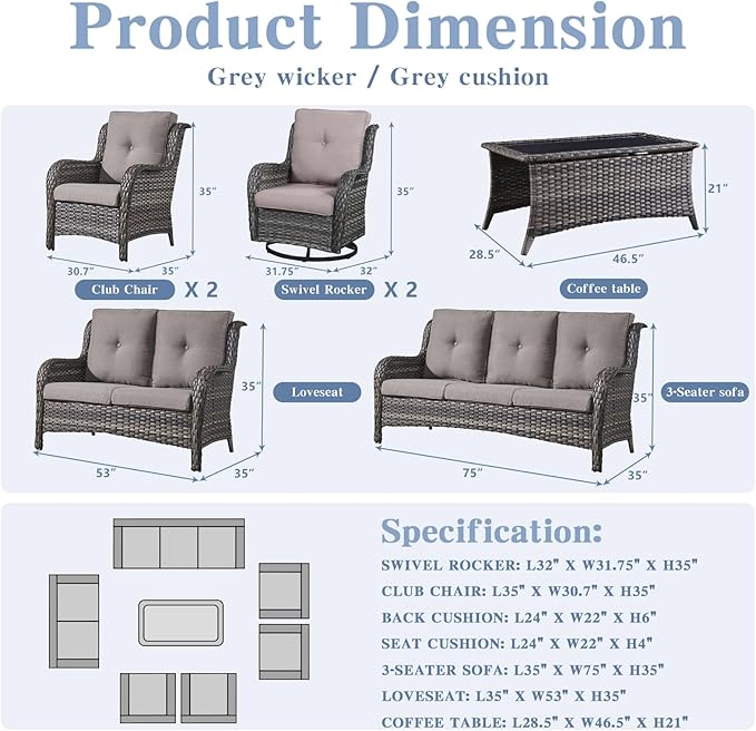 Outdoor Wicker Furniture Patio Set - 7 Piece Backyard Furniture Grey Rattan Conversation Sets with Swivel Rocker Chairs, Rattan Sofa, Club Chairs and Coffee Table, Grey Cushion-VerdiqueGarden