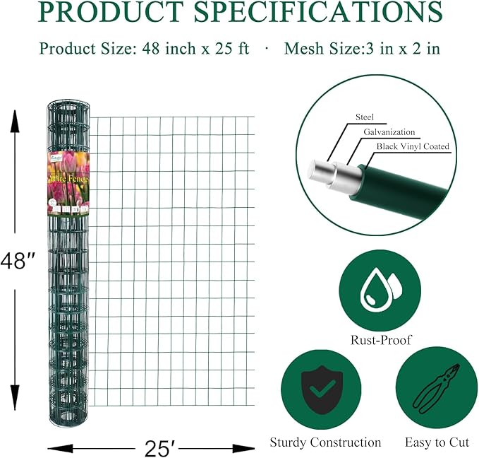Green PVC Coated Welded Wire Fence 48 Inch x 25 Foot, 2 Inch x 3 Inch 16GA, Garden Border Fencing Roll Vinyl Coating Metal Wire Mesh for Yard Vegetable Plant Protection Poultry Netting-VerdiqueGarden