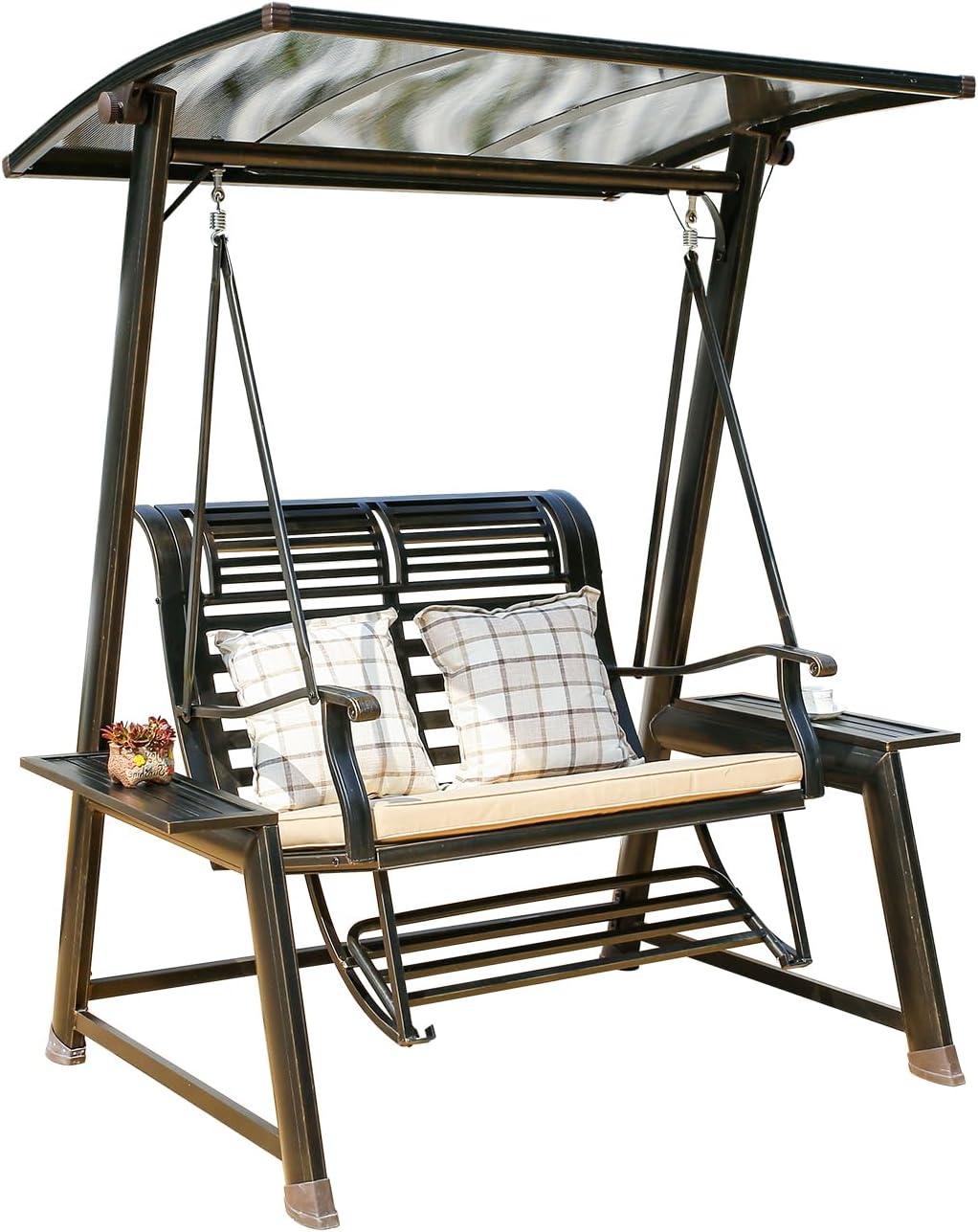 2/3-Seat Outdoor Patio Porch Swing with Adjustable Aluminum Alloy Canopy Solar Patio Swing Chair Bench with Footrest Side Cup Holder for Backyard Lawn (Heart of Ocean-2 Seat)-VerdiqueGarden