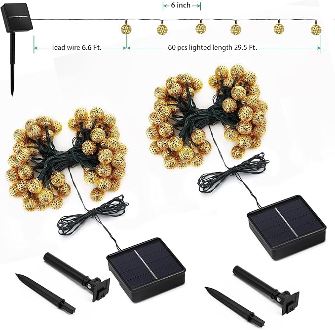 Solar Moroccan String Lights Outdoor 60 LED 36 Ft Globe Fairy Lights with 8 Lighting Modes, Waterproof Solar Powered String Lights for Garden Yard Gazebos Camping Party Holiday (Warm White)-VerdiqueGarden