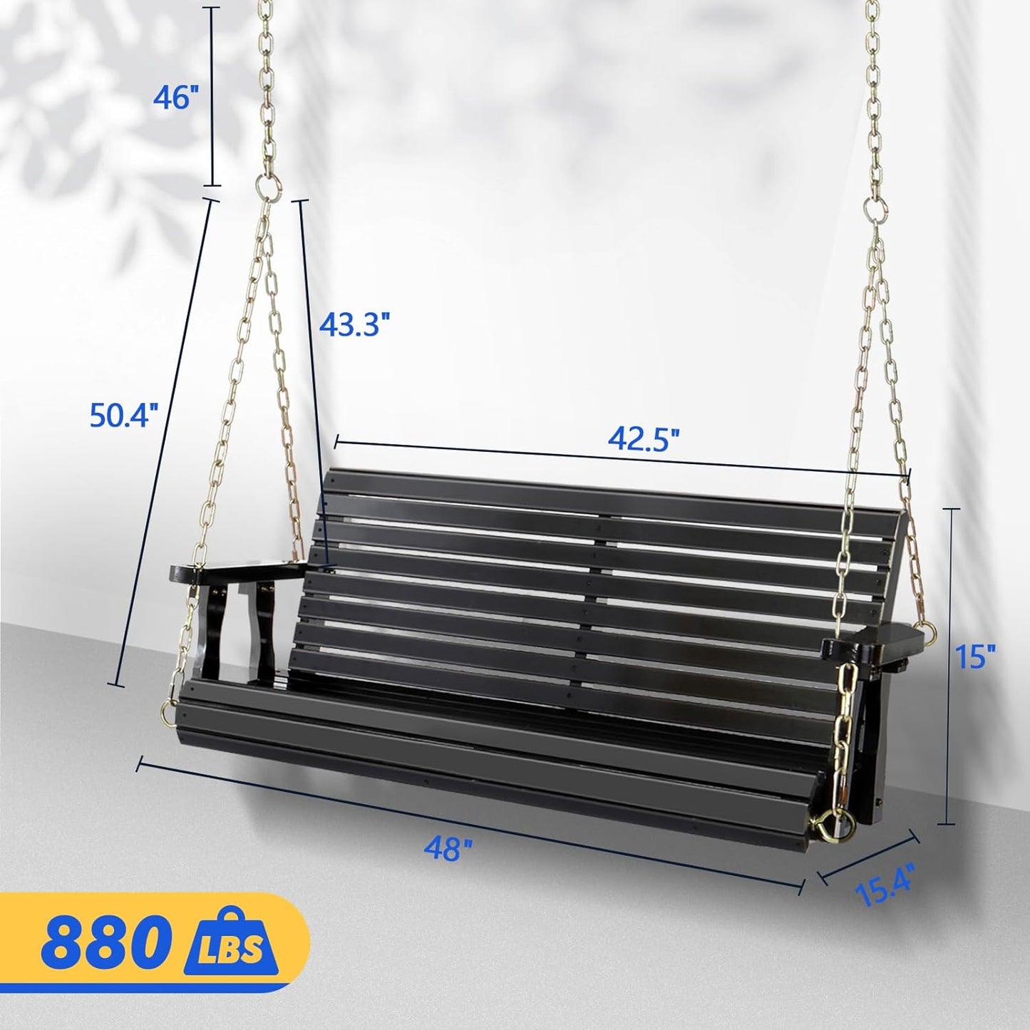 VINGLI Upgraded Patio Wooden Porch Swing for Courtyard & Garden, Heavy Duty 880 LBS Swing Chair Bench with Hanging Chains for Outdoors (Black, 4 FT)-VerdiqueGarden