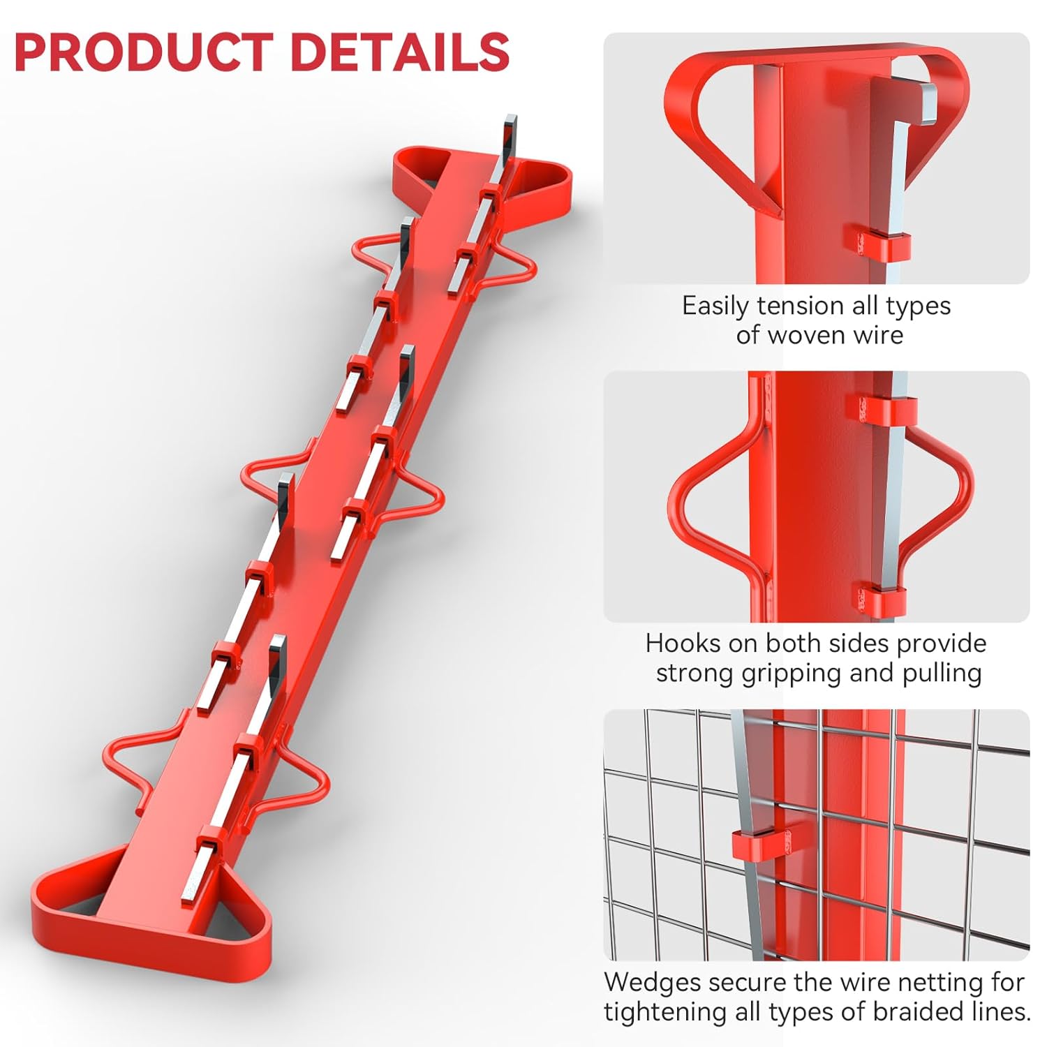 4ft Woven Wire Fence Stretcher Bar with 5 Wedges Heavy Duty Wire Stretcher Fence Tool for Farms, Ranches, Garden Barriers, Yard (Red)-VerdiqueGarden