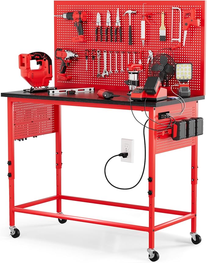 47" Heavy Duty Adjustable Workbench with Power Outlets, Pegboard & Locking Wheels - 2100LB Capacity Garage Work Table, Compatible with Milwaukee Battery, Reinforced Steel Frame for Workshop & Home Use-VerdiqueGarden