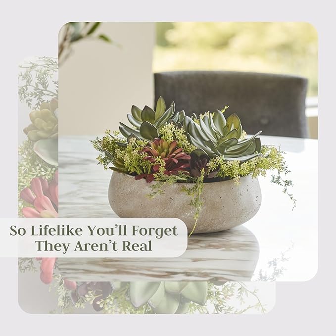 Round Faux Succulent Arrangement, 14" Premium Artificial Indoor Plant Enhances Interior Design, Display on Any Surface in Your Home Adding an Inviting Touch of Nature, Natural Planter Pot Included-VerdiqueGarden
