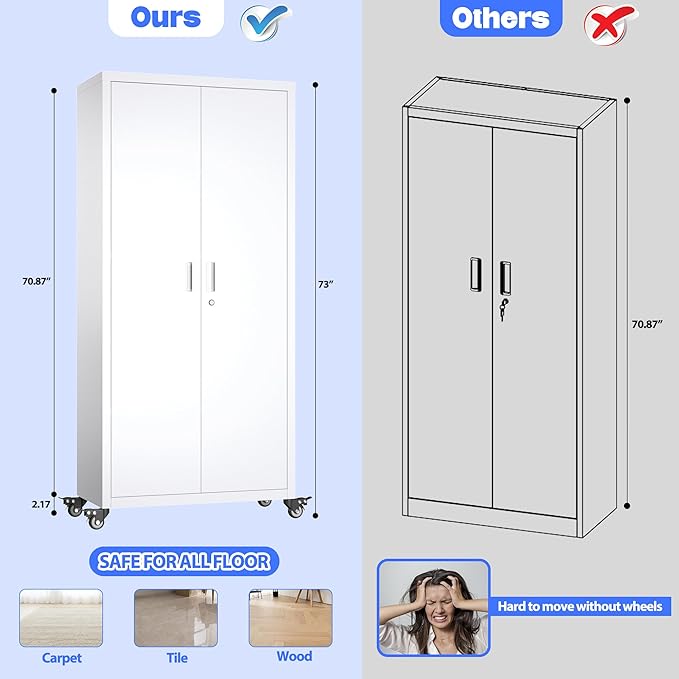 73" H Metal Garage Storage Cabinet with Wheels,Rolling Tool Storage Cabinet with 2 Doors and 4 Adjustable Shelves for Garage,Home,Office,Warehouse,Workshop, Required-Assembly,White-VerdiqueGarden