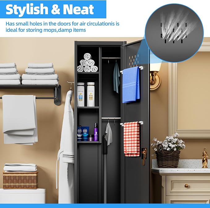 72''H Metal Broom Closet Storage Cabinet with Wheels & Pegboards, Mops Broom Closet Organizer with Locking Door & Hanging Rod,Cleaning Tool Garage Storage Cabinet,Assembly Required,Black-VerdiqueGarden