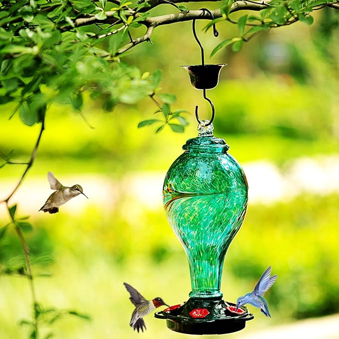 LUJII Hummingbird Feeder, Hand Blown Glass Hummingbird Feeder, Never Fade, 36 Fluid Ounces, 5 Feeding Metal Stations, Much Bigger, Garden Backyard Decorative, Containing Ant Moat (Blue)-VerdiqueGarden