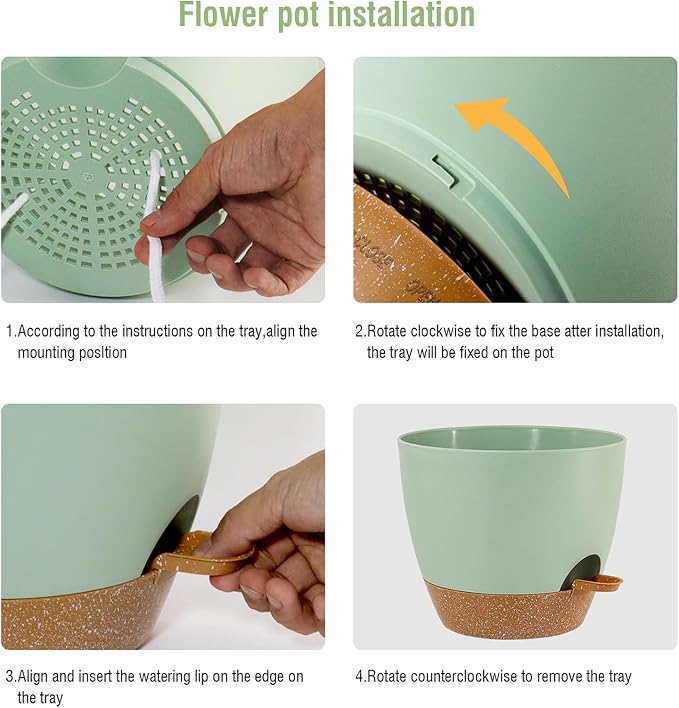 10/9/8 inch Self Watering Pots, Planter, Plant Pots with Mesh Drainage Holes for Indoor Outdoor Garden Plants, Plastic Flower Pots with Deep Reservoir for House Plants, Green with Brown-VerdiqueGarden