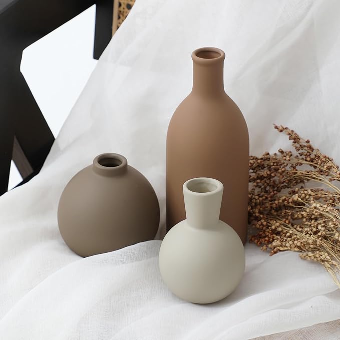 Ceramic Vase Set of 3, Vases Home Decor Rustic Farmhouse Decorative Vase Pottery Vases for Bouquet Pampas Grass Dried Fresh Flowers, Table Living Room Kitchen Bedroom Bathroom - Brown-VerdiqueGarden