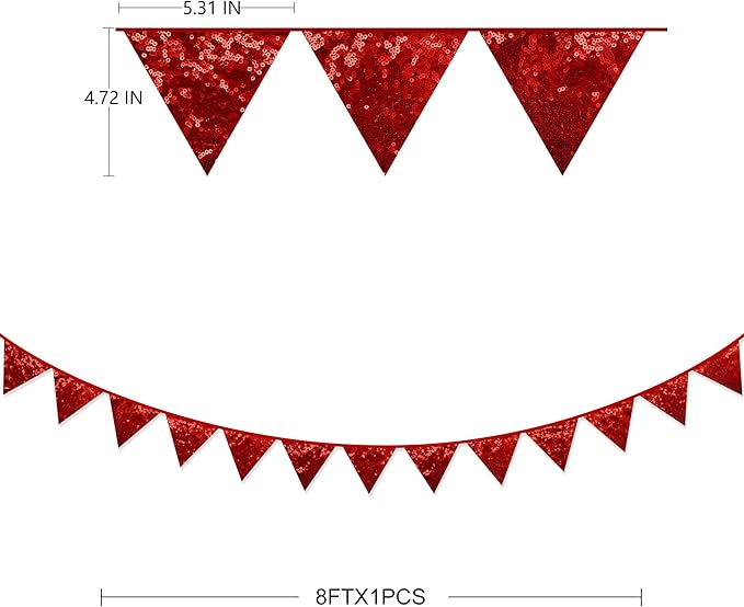 Pinkblume Red Decorations Double Sided Sequin Fabric Triangle Pennant Banner Flag Bunting Garland for Theme Nursery Classroom Home Bedroom Wall Valentines Day Holiday Christmas Decor-VerdiqueGarden