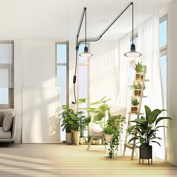 Grow Light Bulbs Indoor Plants Lights Adjustable Cord,Timer, Full Spectrum Plant Growing Lamp for Seedling,Greenhouse,Seedlings (2 Lights (14.7ft))-VerdiqueGarden