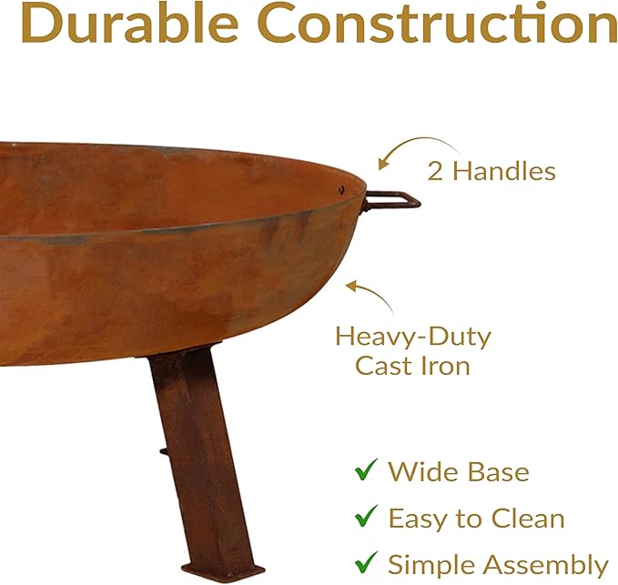 Sunnydaze 30-Inch Cast Iron Heavy-Duty Fire Pit for Outside - Wood-Burning Outdoor Fire Pit Bowl with Handles - Oxidized Finish-VerdiqueGarden