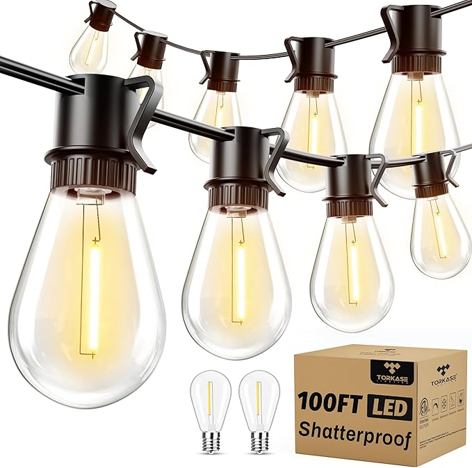 Torkase 100FT Outdoor String Lights LED, 30+2 S14 Shatterproof Bulbs, Dimmable Patio Lights, IP54 Waterproof Connectable for Pergola Lighting, Backyard, Porch,Weddings, Cafe, Party-VerdiqueGarden