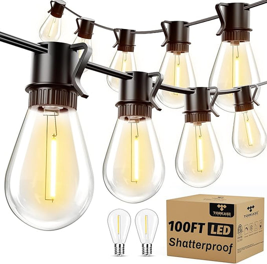 Torkase 100FT Outdoor String Lights LED, 30+2 S14 Shatterproof Bulbs, Dimmable Patio Lights, IP54 Waterproof Connectable for Pergola Lighting, Backyard, Porch,Weddings, Cafe, Party-VerdiqueGarden