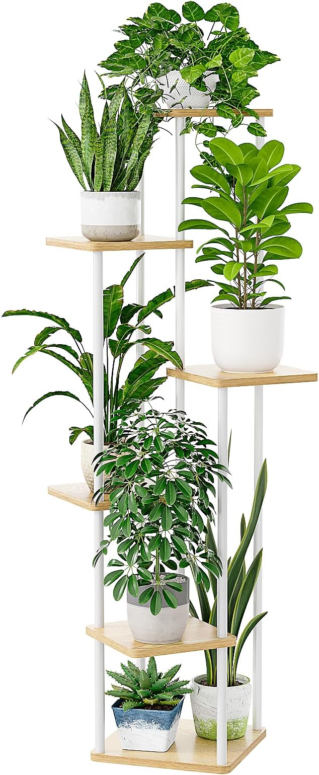 Bamworld Tall Plant Stand Indoor, 6 Tier Metal Plant Shelf for Multiple Plants, Corner Tiered Flower Stand for Patio Garden Balcony Living Room Bedroom(White)-VerdiqueGarden