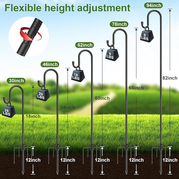 Hummingbird Feeder Pole for Outdoors - Heavy Duty Bird Feeder Stand with Adjustable Stake,62"Rustproof Shepards Poles with Hangers Holder for Birdfeeder,Wind Chimes,Lanterns,Wreaths,Black-VerdiqueGarden