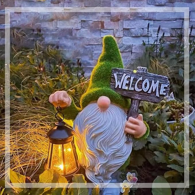 Garden Gnome Statue Outdoor Decor Large Flocked Resin Gnome Figurine with Solar Light Holding Lantern Welcome Sign Garden Yard Decorations Dwarf Sculpture for Outside Patio Porch Lawn Decor.-VerdiqueGarden