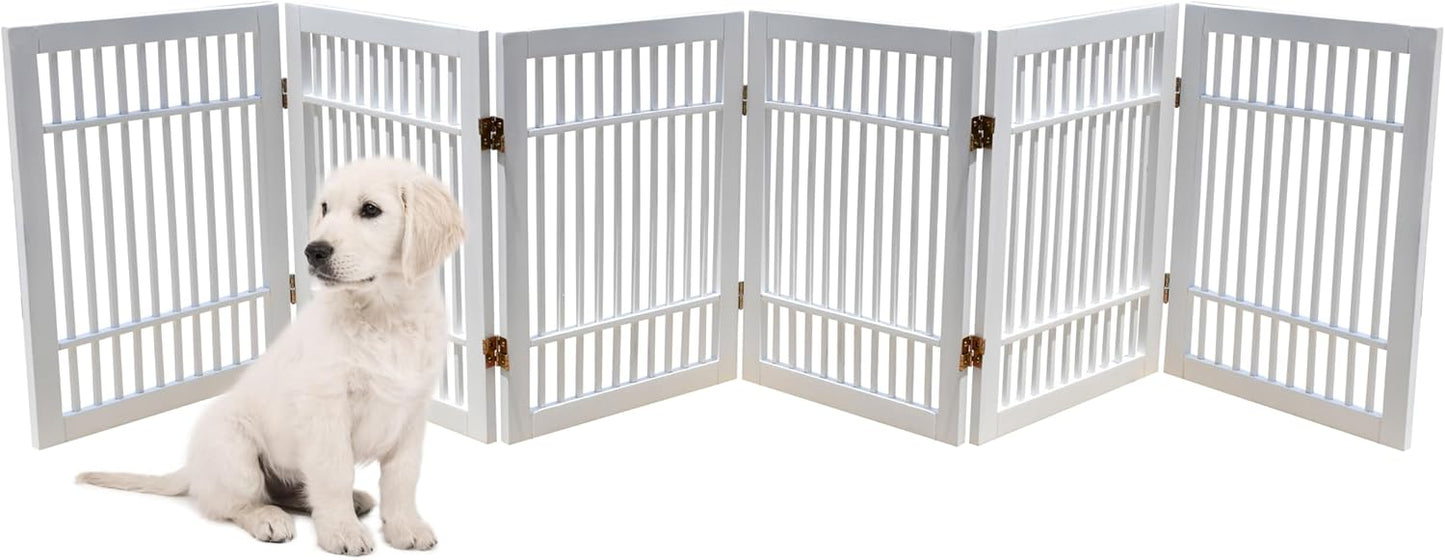 Pet Dog Gate Strong and Durable Freestanding Folding Acacia Hardwood Portable Wooden Fence Indoors or Outdoors by Urnporium (White Pet Gate, 6 Panel 24" Tall)-VerdiqueGarden