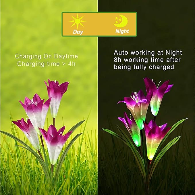 ANGMLN 4 Pack Solar Flowers Lights,16 Bigger Head Solar Lily Flowers, 7 Color Changing Pathway Lamps for Garden Patio Yard Party Wedding Holiday Outdoor Garden Stake Decoration(Purple2&White1&Pink1)-VerdiqueGarden